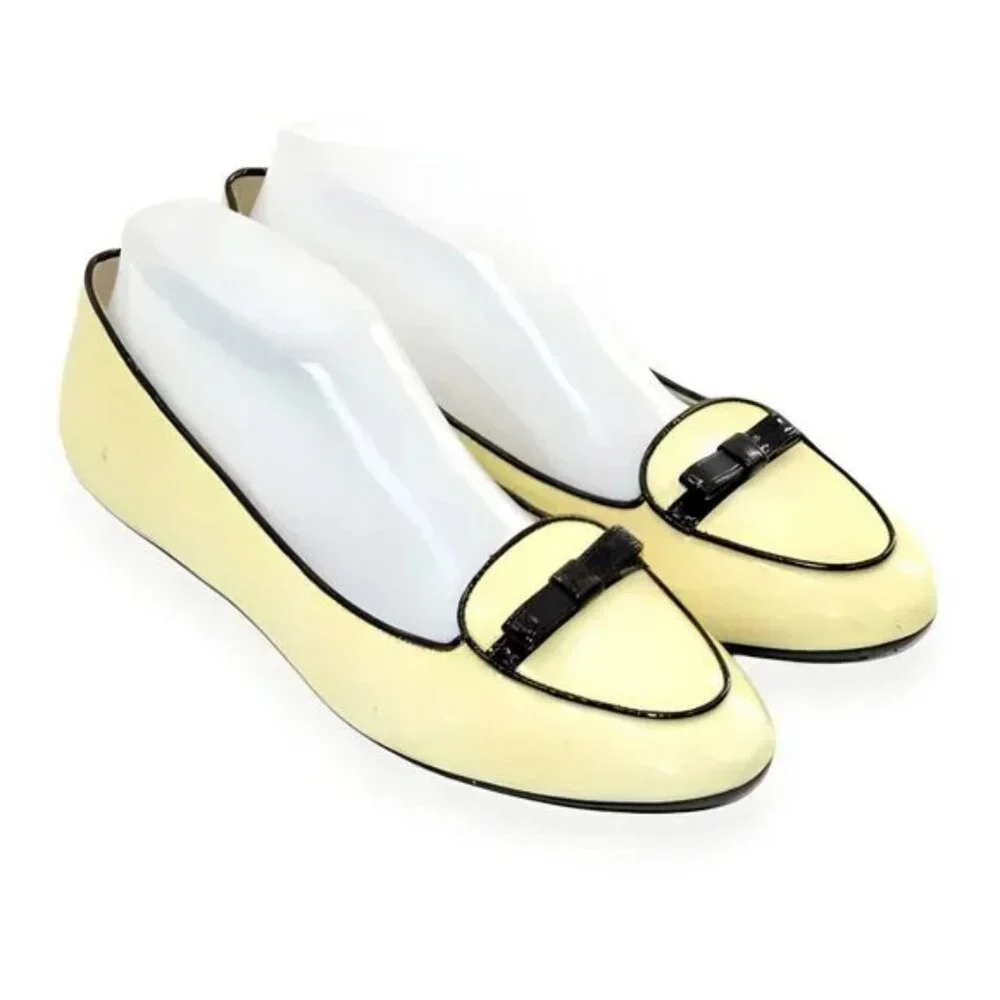 LK Bennet LKB Lemon Yellow Black Bow Cap Toe Patent Leather Shoes Loafers 39 8 - Picture 2 of 11